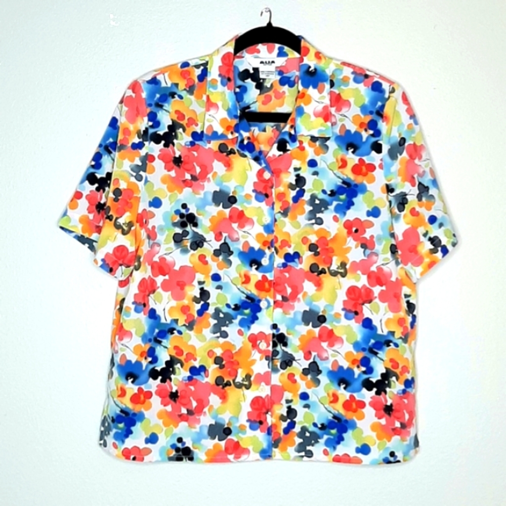 ALIA MULTI-COLORED BUTTON DOWN SHIRT 14 PETITE